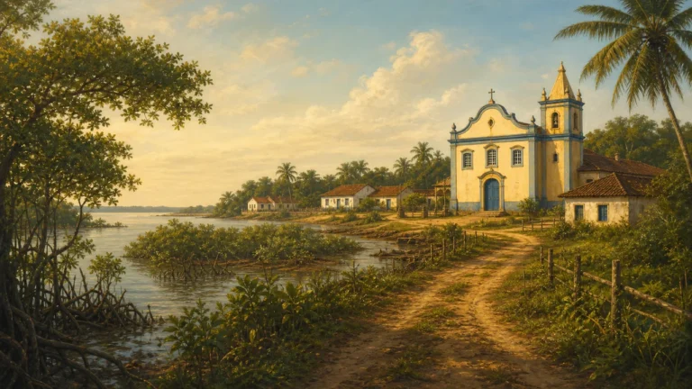 Ilustração histórica da formação de Paço do Lumiar com manguezal, caminho e vila colonial