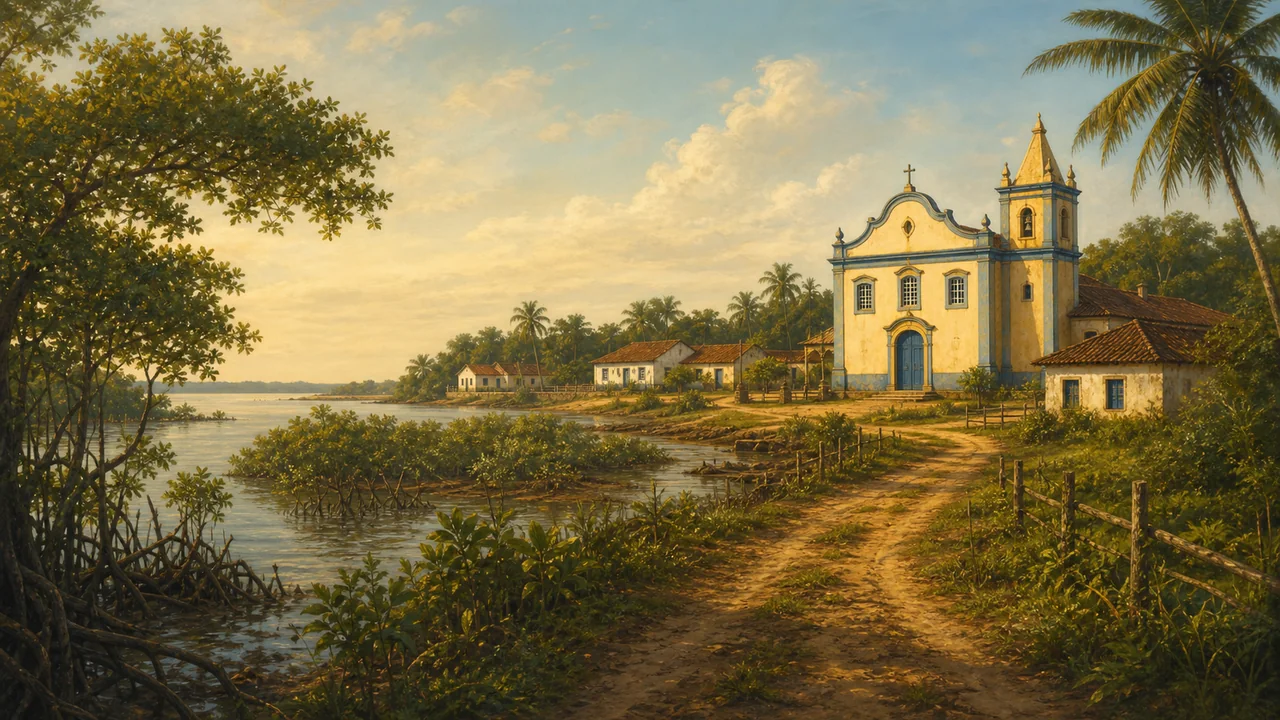 Ilustração histórica da formação de Paço do Lumiar com manguezal, caminho e vila colonial