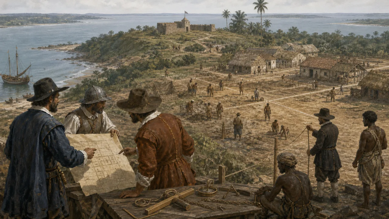 Ilustração editorial do planejamento urbano português de São Luís depois de 1615