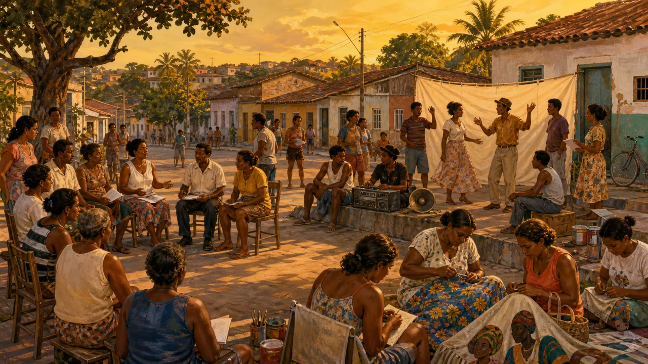 Ilustração editorial de moradores reunidos em atividade cultural e comunitária na área Itaqui-Bacanga