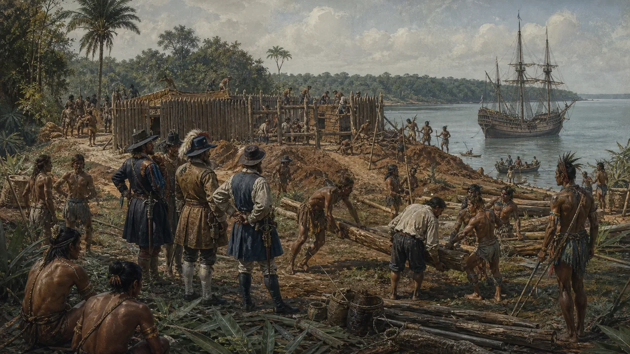Ilustração editorial da construção do Forte Saint-Louis em 1612 com participação Tupinambá