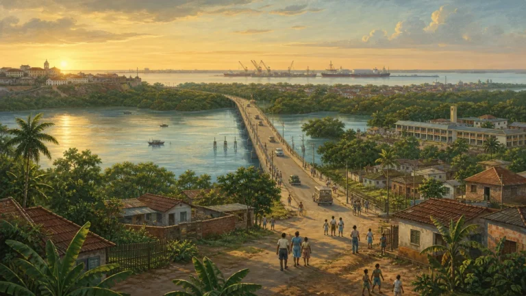 Ilustração histórica da área Itaqui-Bacanga com o rio, comunidades, via de ligação e Porto do Itaqui ao fundo