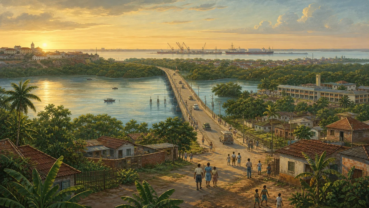 Ilustração histórica da área Itaqui-Bacanga com o rio, comunidades, via de ligação e Porto do Itaqui ao fundo