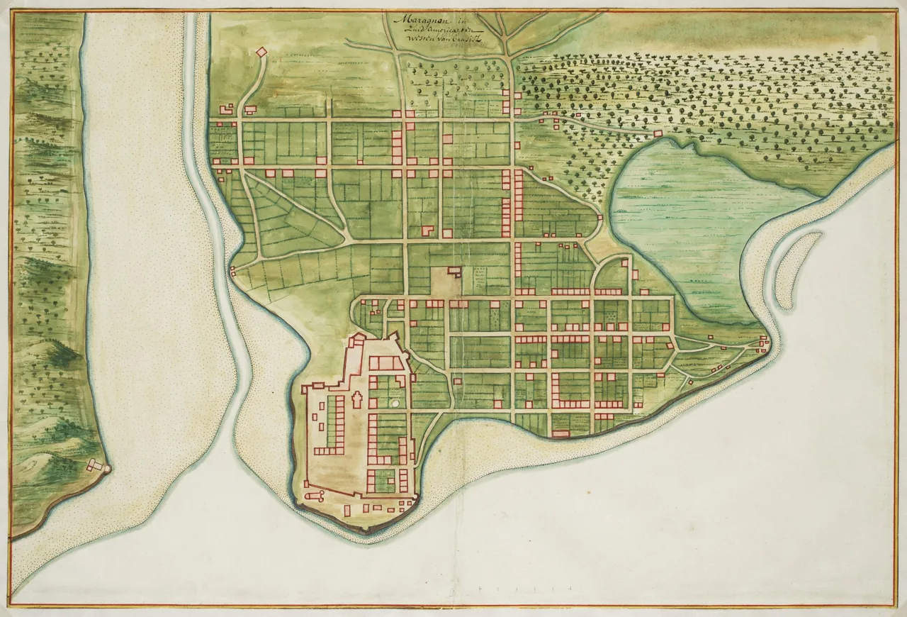 Mapa histórico de São Luís do Maranhão no século XVII, com fortificações, ruas e litoral