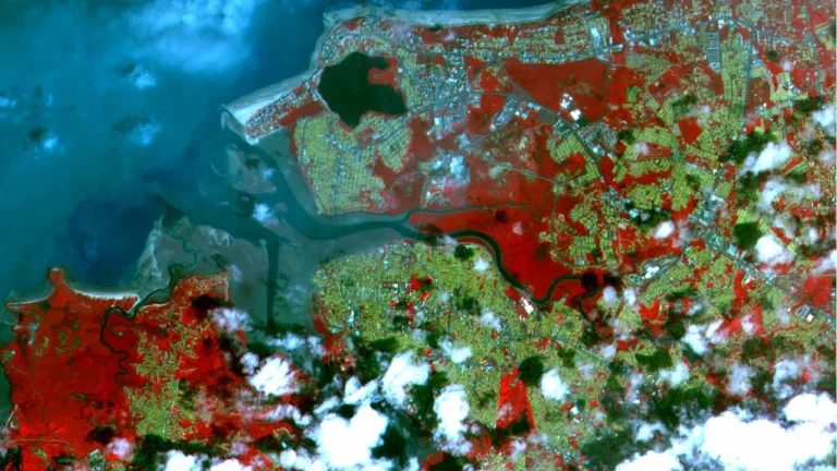 Imagem de satélite da costa, da área urbana e dos manguezais da Ilha de São Luís