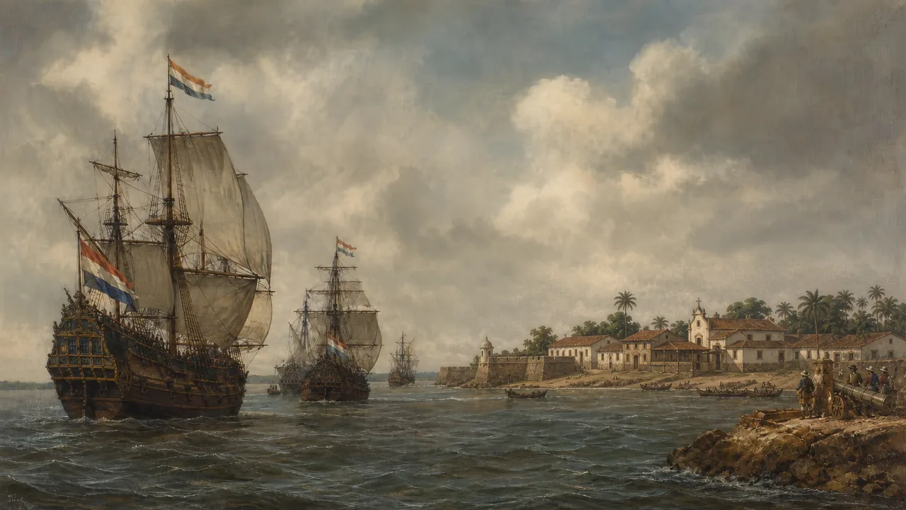 Ilustração editorial de navios holandeses diante de São Luís durante a ocupação iniciada em 1641