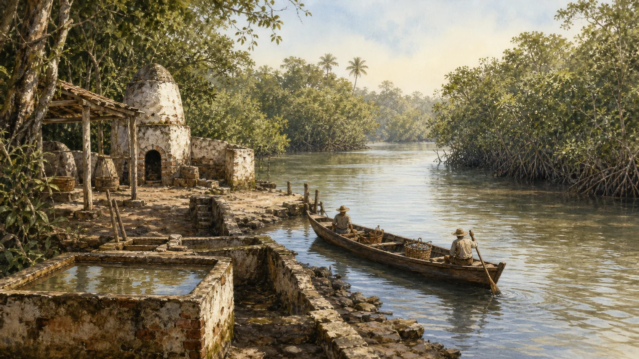 Ilustração editorial inspirada no Sítio do Físico, com ruínas, igarapé, manguezal e canoa na área do Bacanga