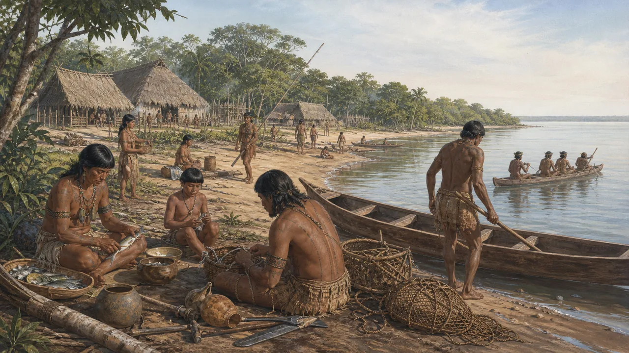 Ilustração editorial de uma comunidade Tupinambá em Upaon-Açu antes de 1612